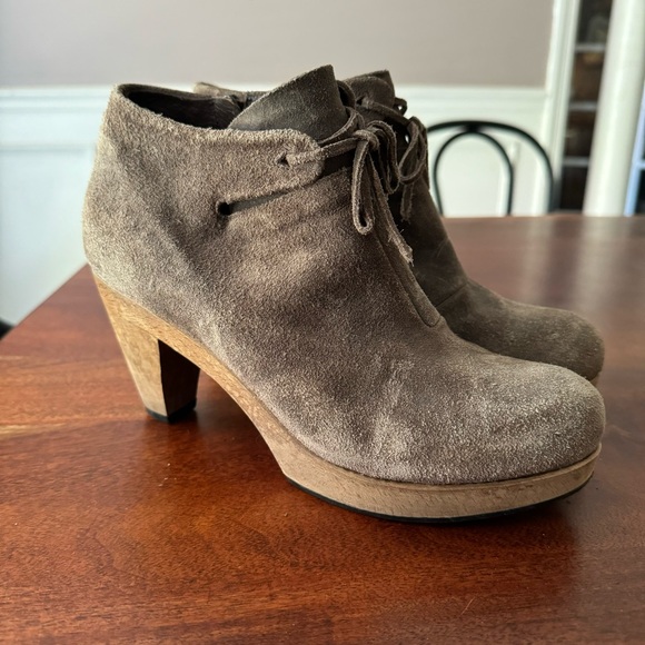 Anthropologie Shoes - SOLD ❌ Coclico Anthropologie Tan Suede Wood Platform Ankle Bootie Zip 3.5” 6.5